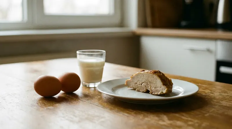 Two brown eggs, a glass of milk and a slice of roast chicken on a white plate
