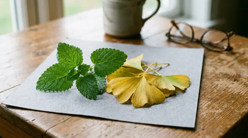 A sprig of lemon balm beside a few fan-shaped yellowing ginkgo leaves on gray paper