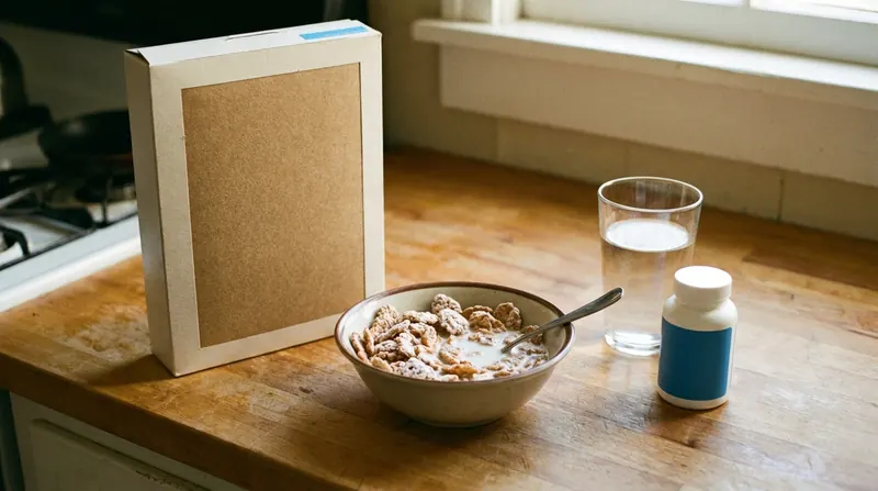 A bowl of frosted cereal beside its box, a glass of water and a white bottle on a kitchen counter