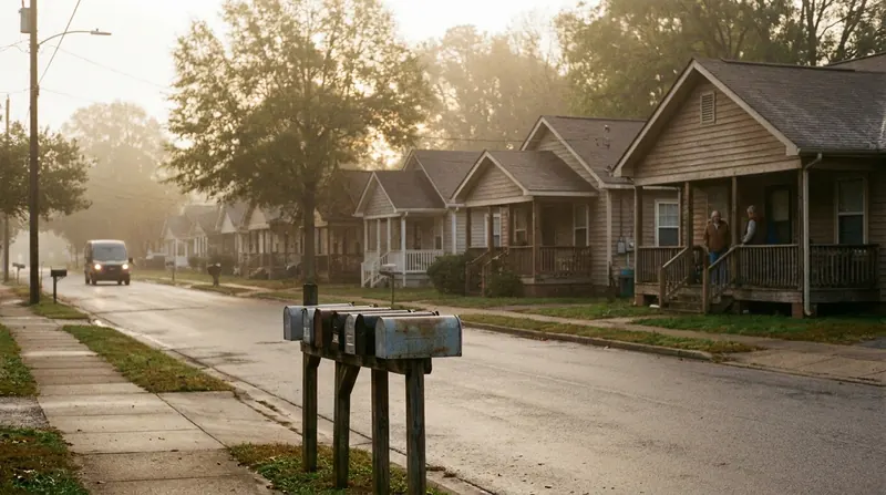 A quiet suburban street at dawn with mailboxes and a delivery van far down the road