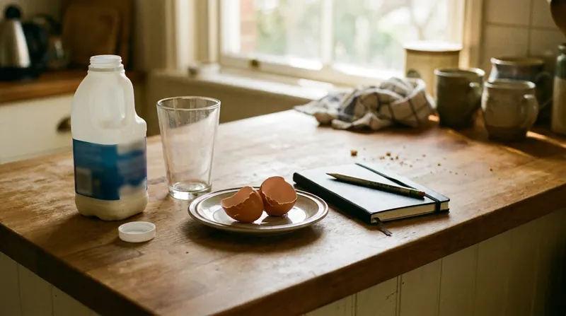 A kitchen counter with a white bottle, an empty glass, two eggshells on a plate and a closed notebook with a pencil