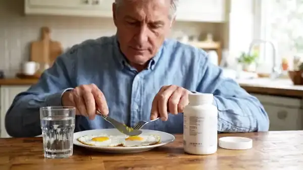 A man in his sixties eating eggs at a kitchen table beside a white bottle and writing a figure on a napkin
