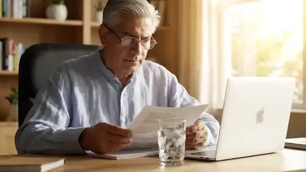 A man in his sixties reading a printed page at a home-office desk and making a pencil note