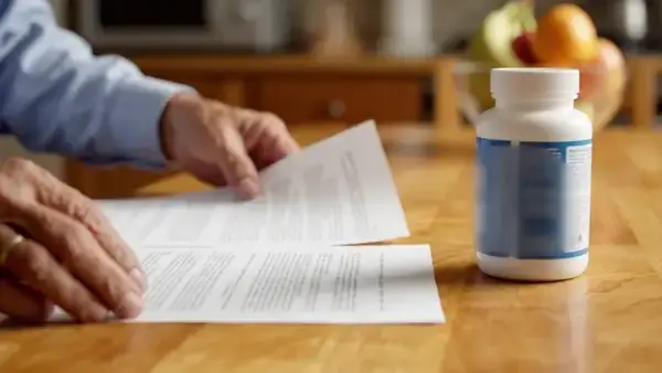 A man's hands comparing two printed pages side by side beside a white bottle