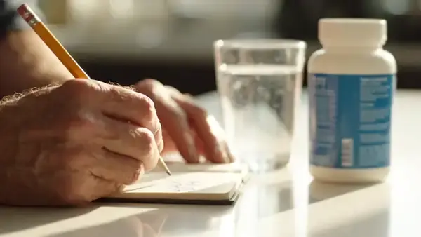 A man's hands writing a line in a small notebook beside a glass of water and a white bottle
